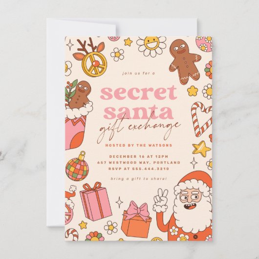 Groovy Secret Santa Exchange Retro Weihnachts-Part Einladung (Vorderseite)