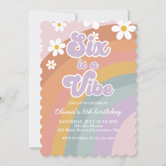 Groovy Six ist ein vibe Retro Rainbow 6. Geburtsta Einladung (Vorderseite)