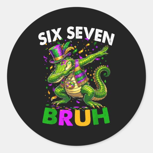 Groovy Six Seven Bruh Alligator Dabbing Mardi Gras Runder Aufkleber (Vorderseite)