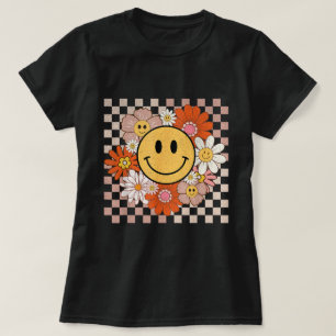 Groovy Smile Happy Face Blume Checkered Hippie T-Shirt