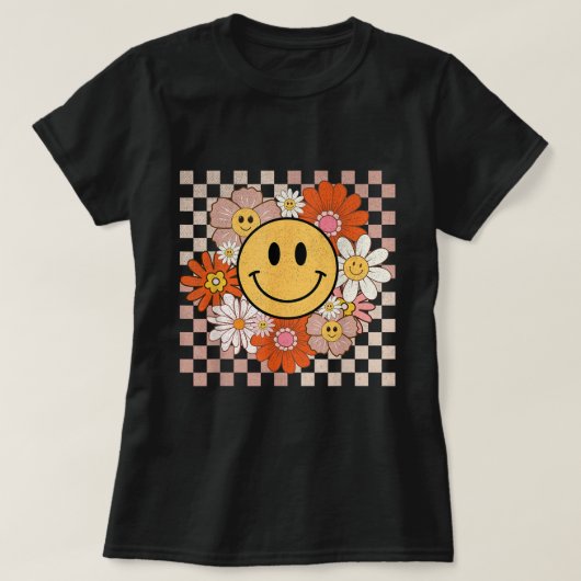 Groovy Smile Happy Face Blume Checkered Hippie T-Shirt (Design vorne)