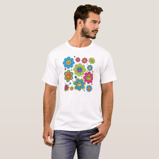 Groovy Smiley Blume | 70er Retro Vibe Design T-Shirt (Vorne ganz)