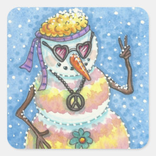 GROOVY SNOWMAN, PEACE SIGSTMAS STICKERS Squ