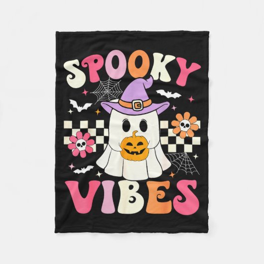 Groovy Soky Vibes Retro Ghost Holding Pumpkin Hall Fleecedecke (Vorderseite)