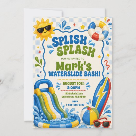 Groovy Splish Splash Wasserrutsche Geburtstag Einladung (Vorderseite)