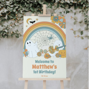 Groovy Spooky Halloween Ghost Begrüßungszeichen Poster