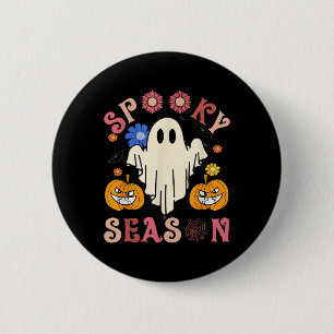 Groovy Spooky Season Niedlich Ghost Holding Pumpki Button