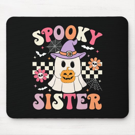 Groovy Spooky Sister Retro Ghost Holding Pumpkin H Mousepad (Vorne)