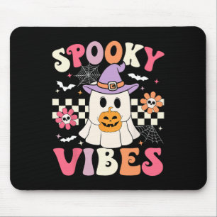 Groovy Spooky Vibes Retro Ghost Holding Pumpkin Ha Mousepad