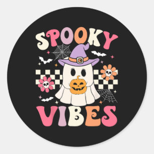 Groovy Spooky Vibes Retro Ghost Holding Pumpkin Ha Runder Aufkleber