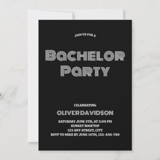 Groovy Stylish Black Bachelor Party Einladung (Vorderseite)