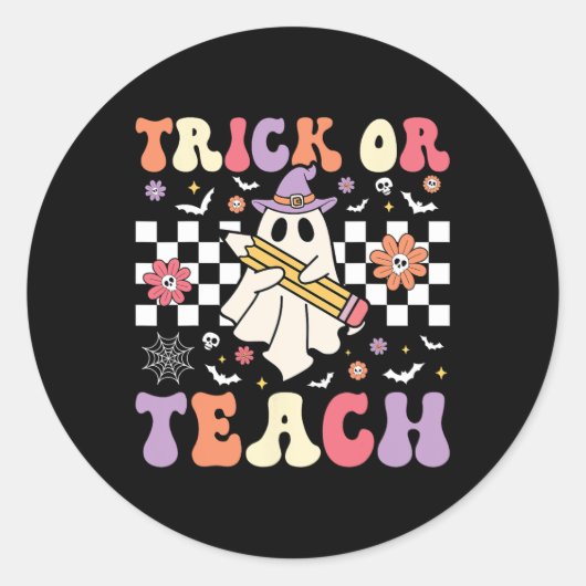 Groovy Teacher Halloween Retro Trick oder Teach Fl Runder Aufkleber (Vorderseite)