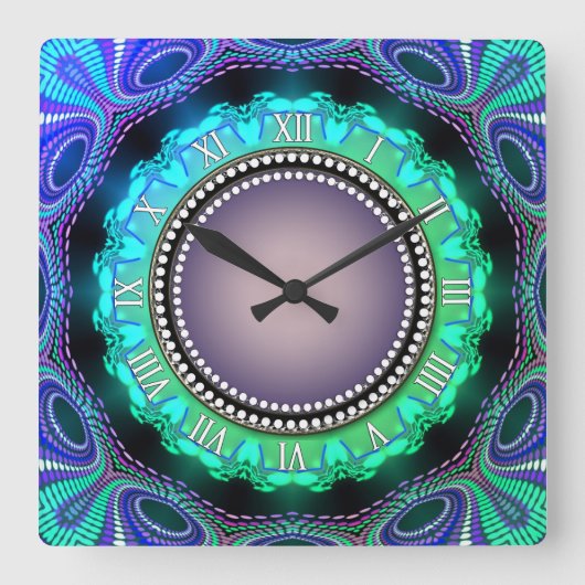 Groovy Time Aqua Green Lila Wall Clock Quadratische Wanduhr (Vorderseite)