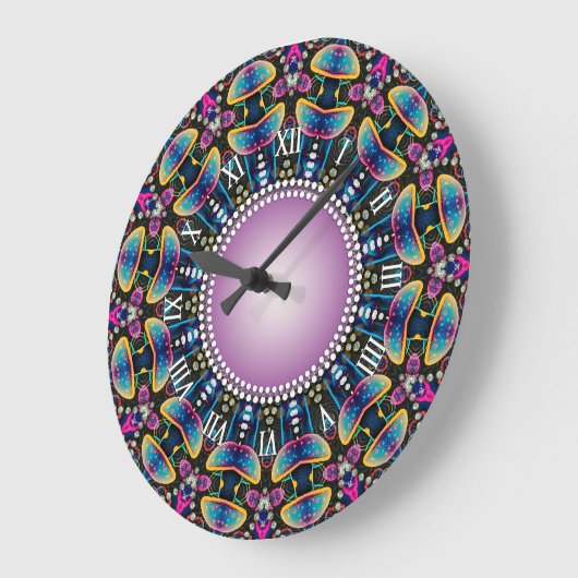 Groovy Time Mushrooms Neon Mandala Große Wanduhr (Winkel)