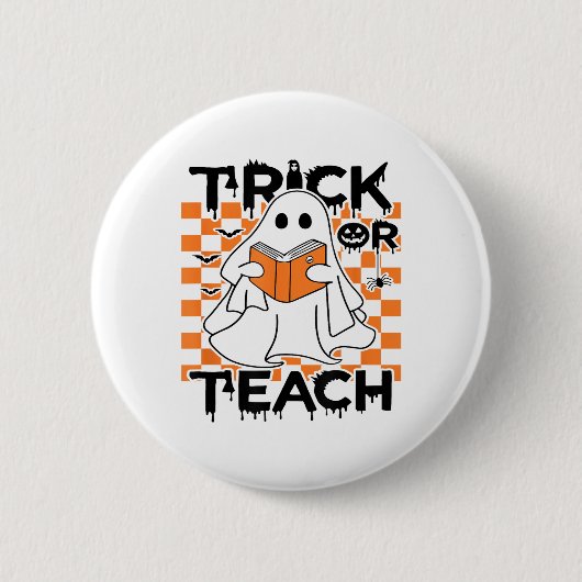 Groovy Trick oder lehren Ghost Lehrer Halloween Button (Vorderseite)