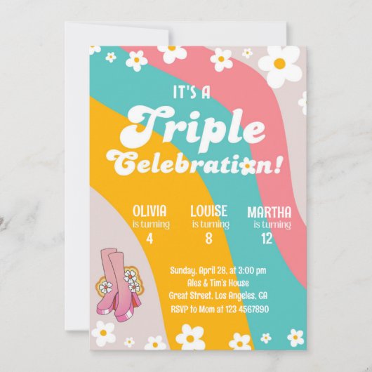 Groovy Triple Birthday Daisy Joint Sibling Party Einladung (Vorderseite)