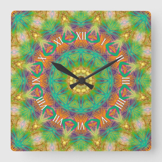 Groovy Tropic Tribal Green Lila Wall Clock Quadratische Wanduhr (Vorderseite)