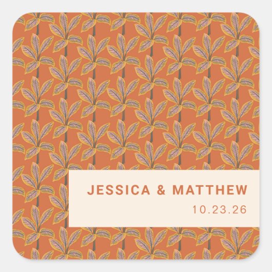 Groovy Tropical Palm Trees Burnt Orange Wedding Quadratischer Aufkleber (Vorderseite)