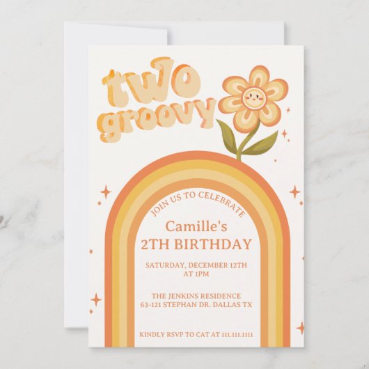 Groovy Two boho daisy Regenbogen Geburtstag Einladung (Vorderseite)