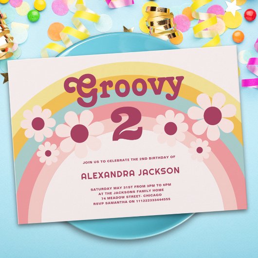 Groovy Two Daisy Rainbow 2. Party Einladung