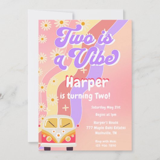 Groovy Two ist ein Vibe Retro 70er Birthday Einladung (Vorderseite)