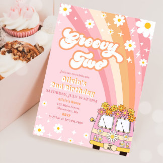 Groovy Two Retro Rainbow 2. Geburtstag Einladung