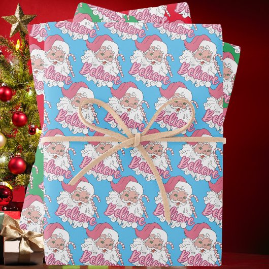 Groovy Vintag Pink Weihnachtsmann glaubt Weihnacht Geschenkpapier Set