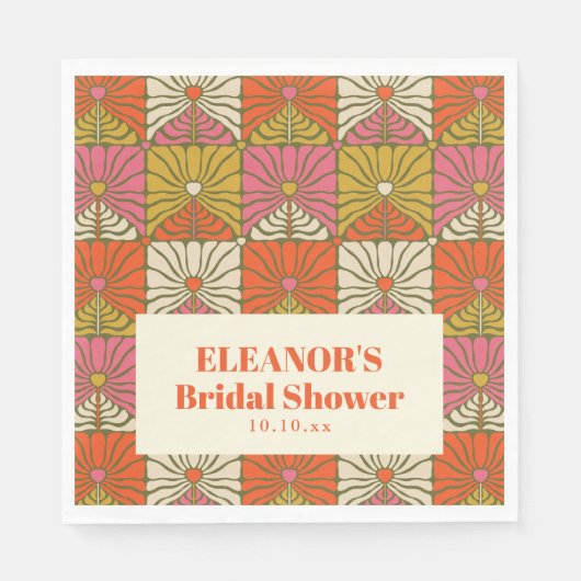 Groovy Vintage Orange Blumige Hochzeitsdusche Name Serviette (Vorderseite)