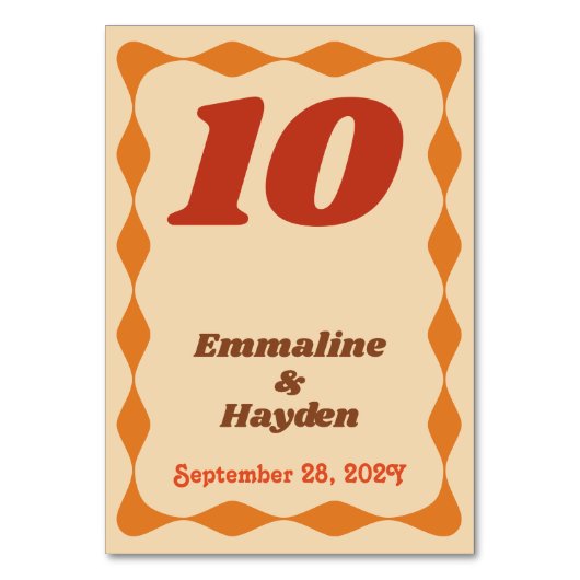 Groovy Wavy Orange und Brown Tischnummer Card (Vorderseite)