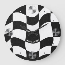 Groovy Wavy Schwarz-Weiß-Schachbrettmuster Große Wanduhr