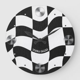 Groovy Wavy Schwarz-Weiß-Schachbrettmuster Große Wanduhr