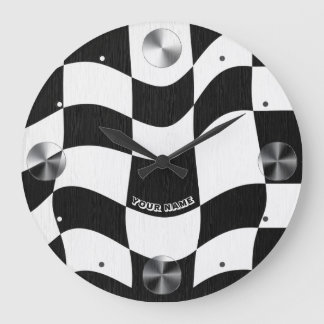 Groovy Wavy Schwarz-Weiß-Schachbrettmuster Große Wanduhr