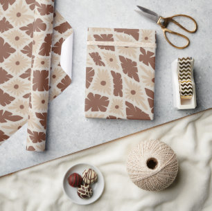 Groovy Wavy Trippy 60er Blume Karo Neutral Brown Geschenkpapier