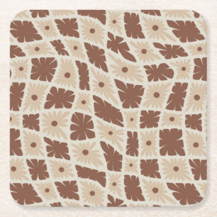 Groovy Wavy Trippy 60er Blume Karo Neutral Brown Rechteckiger Pappuntersetzer