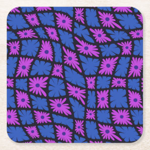 Groovy Wavy Trippy 60er Blume Karos Blue Pink Rechteckiger Pappuntersetzer