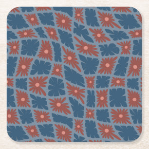 Groovy Wavy Trippy 60er Blume Karos Blue Red Rechteckiger Pappuntersetzer