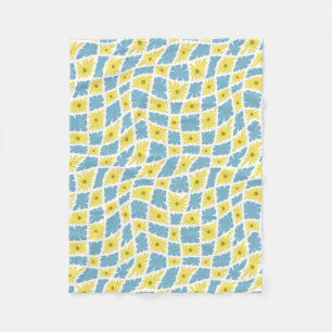 Groovy Wavy Trippy 60er Blume Karos Gelb Blau Fleecedecke