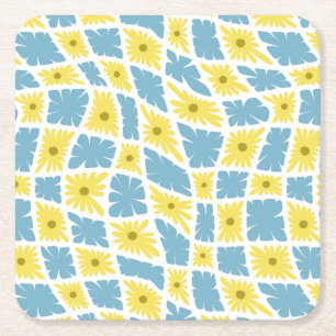 Groovy Wavy Trippy 60er Blume Karos Gelb Blau Rechteckiger Pappuntersetzer