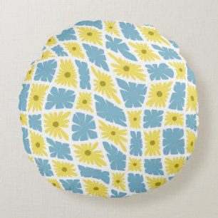 Groovy Wavy Trippy 60er Blume Karos Gelb Blau Rundes Kissen