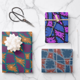 Groovy Wavy Trippy 60er Blume Karos Multicolored Geschenkpapier Set