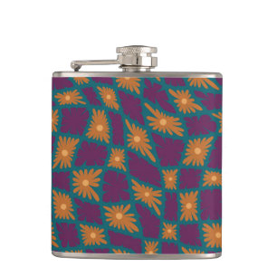 Groovy Wavy Trippy 60er Blume Karos Orange Pink Flachmann
