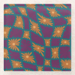Groovy Wavy Trippy 60er Blume Karos Orange Pink Glasuntersetzer