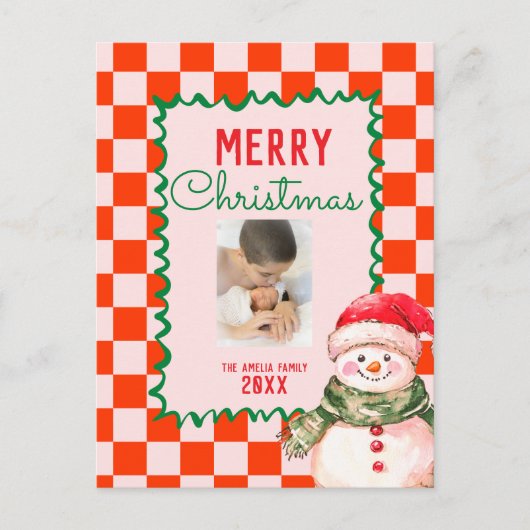 Groovy Weihnachts-Schneemann-Foto Postkarte (Vorderseite)
