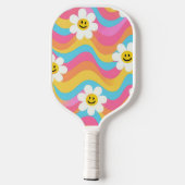 Groovy Wellige Smiley-Blume Retro Pickleball Schläger (Rückseite)