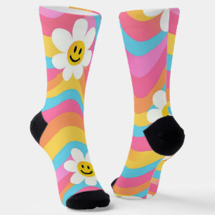 Groovy Wellige Smiley-Blumen Retro Socken