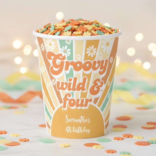 Groovy wild and four retro sun kids birthday pappbecher