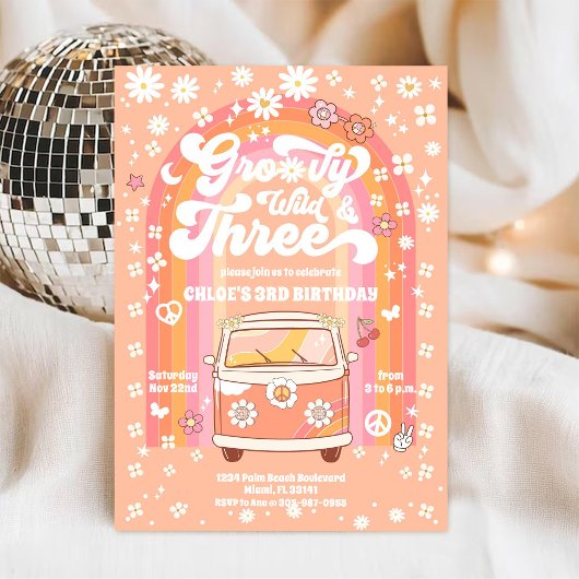 Groovy Wild & Three Birthday Invitation Einladung