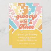 Groovy Wild Three Retro Sunshine Rainbow Daisy Einladung (Vorne/Hinten)