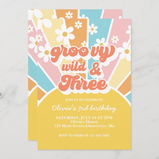 Groovy Wild Three Retro Sunshine Rainbow Daisy Einladung (Vorne/Hinten)