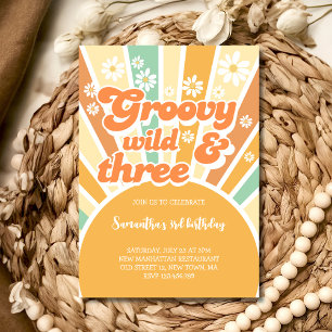 Groovy wild und drei Retro-Sonnen-Kindergeburtstag Einladung